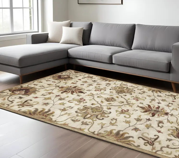 5' X 8' Champagne Red And Black New Zealand Lambs Wool Floral Hand Tufted Area Rug