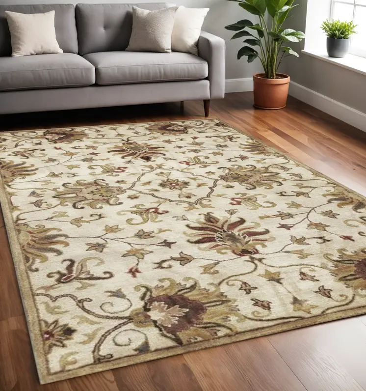 5' X 8' Champagne Red And Brown New Zealand Lambs Wool Floral Medallion Hand Tufted Area Rug