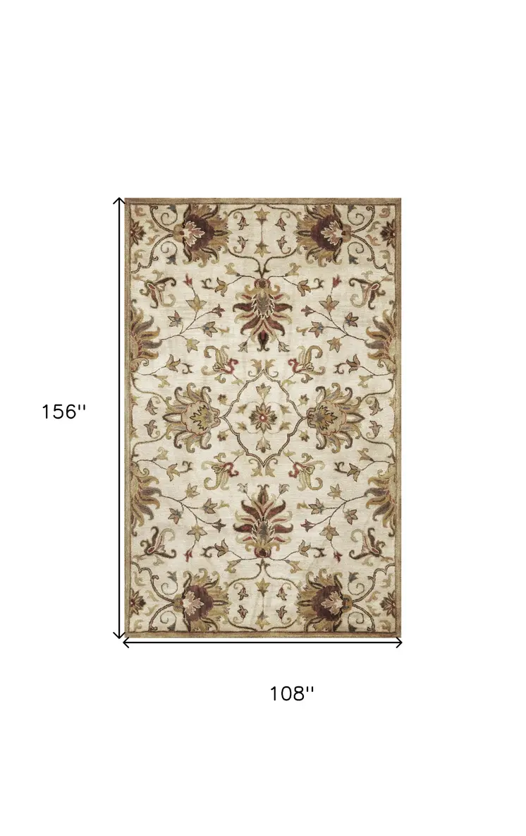 9' X 13' Beige Blue and Ivory Wool Floral Vines Hand Tufted Area Rug
