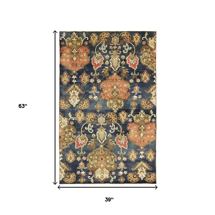 3' X 5' Navy Blue And Orange New Zealand Lambs Wool Floral Hand Tufted Area Rug