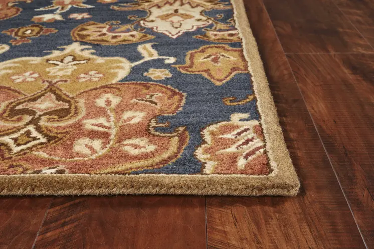 3' X 5' Navy Blue And Orange New Zealand Lambs Wool Floral Hand Tufted Area Rug