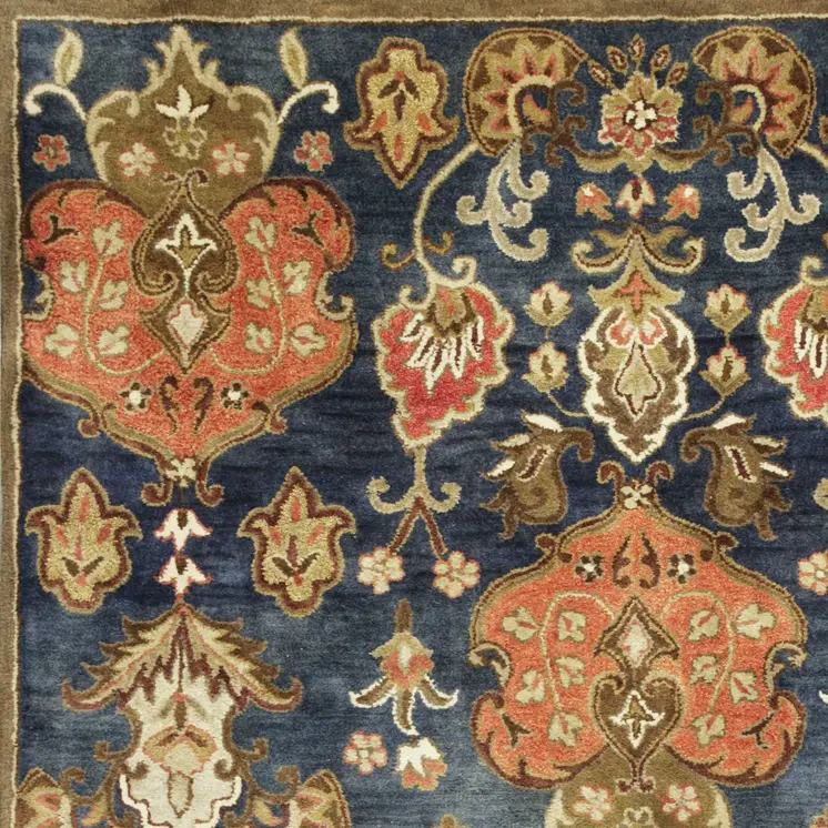 3' X 5' Navy Blue And Orange New Zealand Lambs Wool Floral Hand Tufted Area Rug