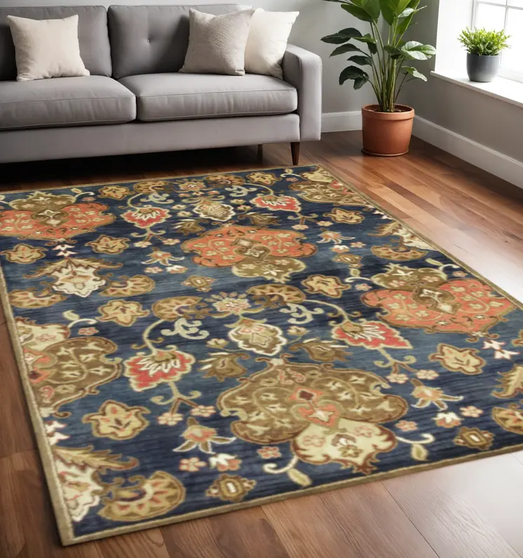 5' X 8' Gray Orange And Red Wool Floral Hand Tufted Area Rug