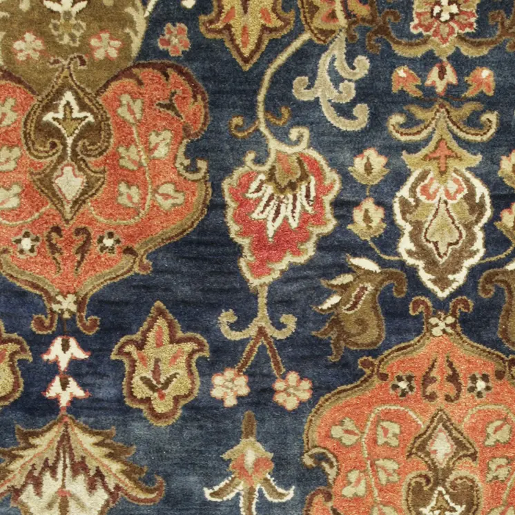 8' X 11' Navy Blue And Orange New Zealand Lambs Wool Floral Hand Tufted Area Rug