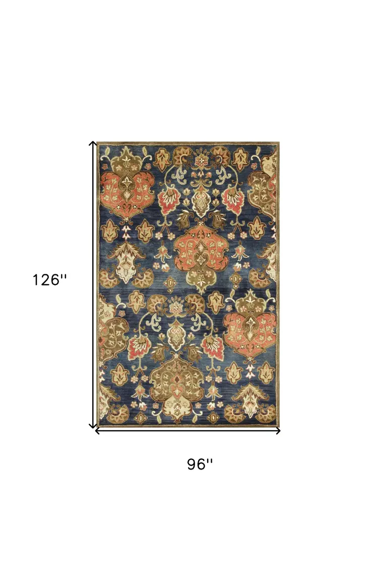 8' X 11' Navy Blue And Orange New Zealand Lambs Wool Floral Hand Tufted Area Rug