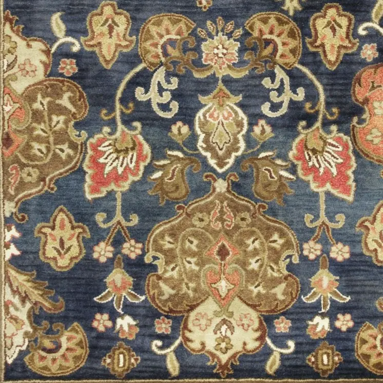 8' X 11' Navy Blue And Orange New Zealand Lambs Wool Floral Hand Tufted Area Rug