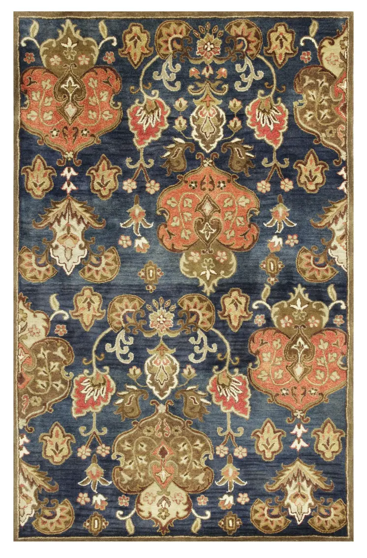 8' X 11' Navy Blue And Orange New Zealand Lambs Wool Floral Hand Tufted Area Rug