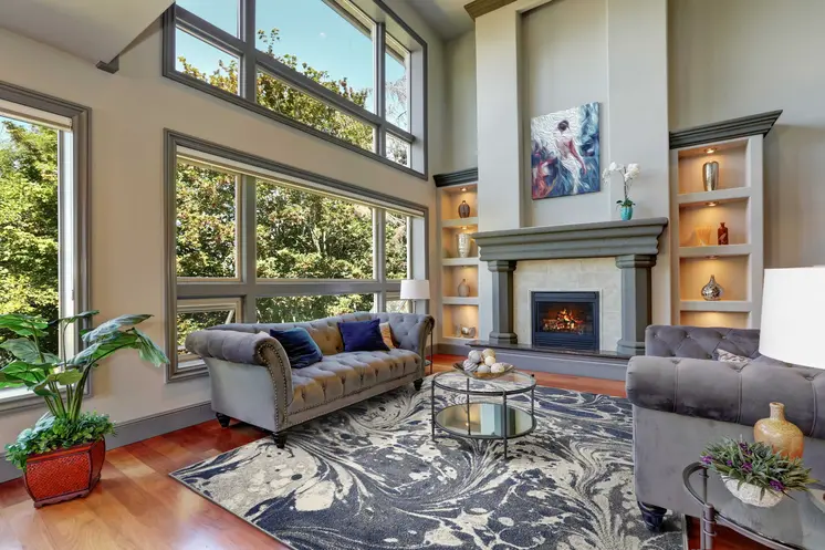 7' X 9' Ivory Blue And Gray Abstract Area Rug