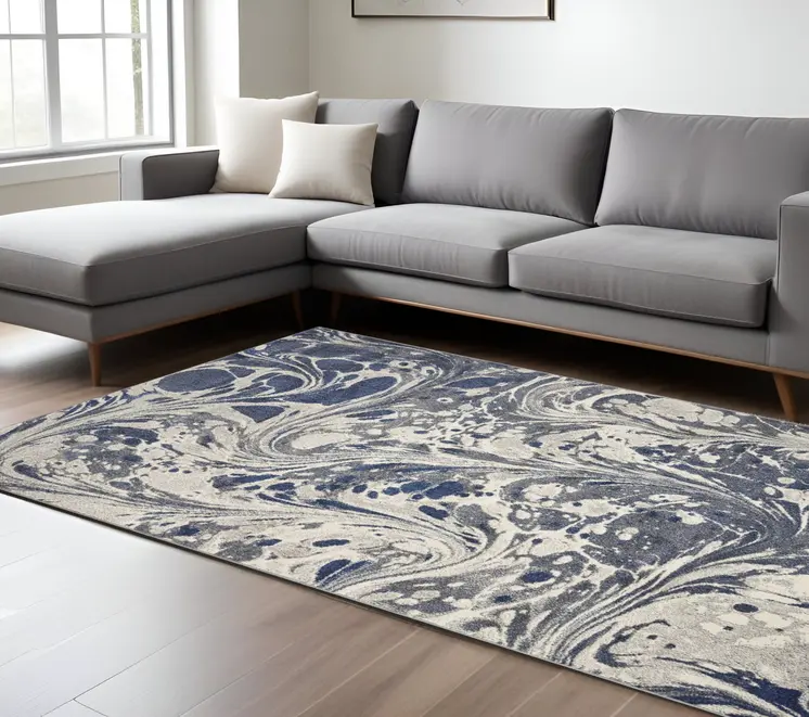 8' X 10' Blue Gray And Ivory Abstract Area Rug