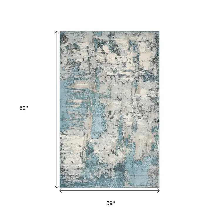 3' X 5' Ivory And Teal Abstract Area Rug