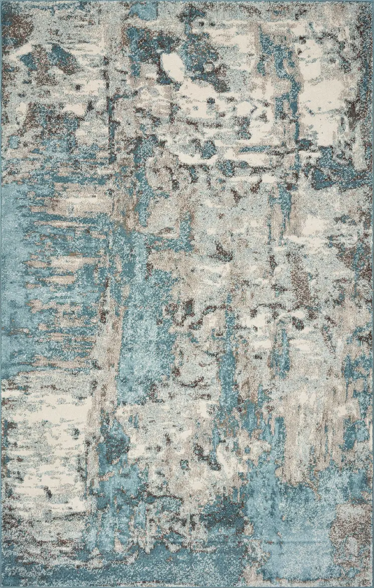 7' X 9' Ivory And Teal Abstract Area Rug