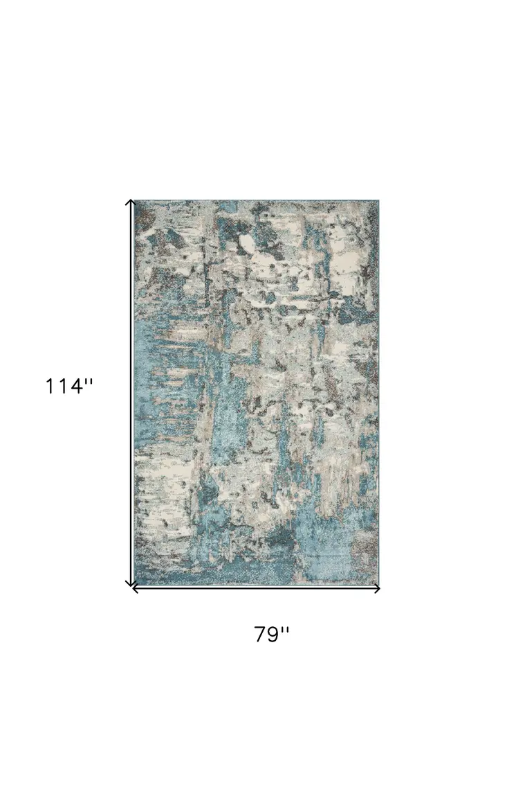 7' X 9' Ivory And Teal Abstract Area Rug