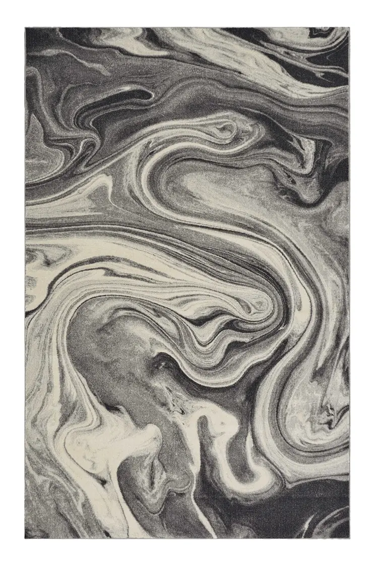7' X 9' Ivory Black And Gray Abstract Shag Area Rug
