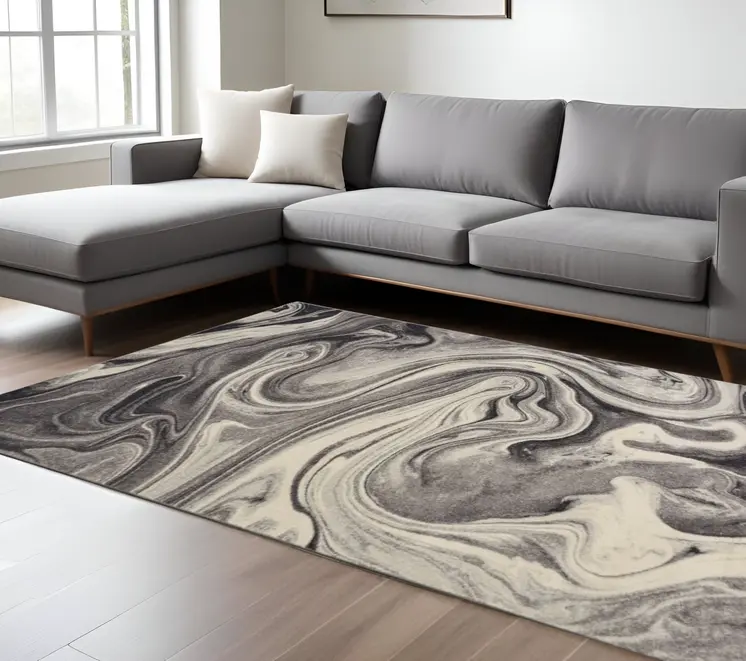 8' X 10' Ivory Black and Gray Abstract Shag Area Rug