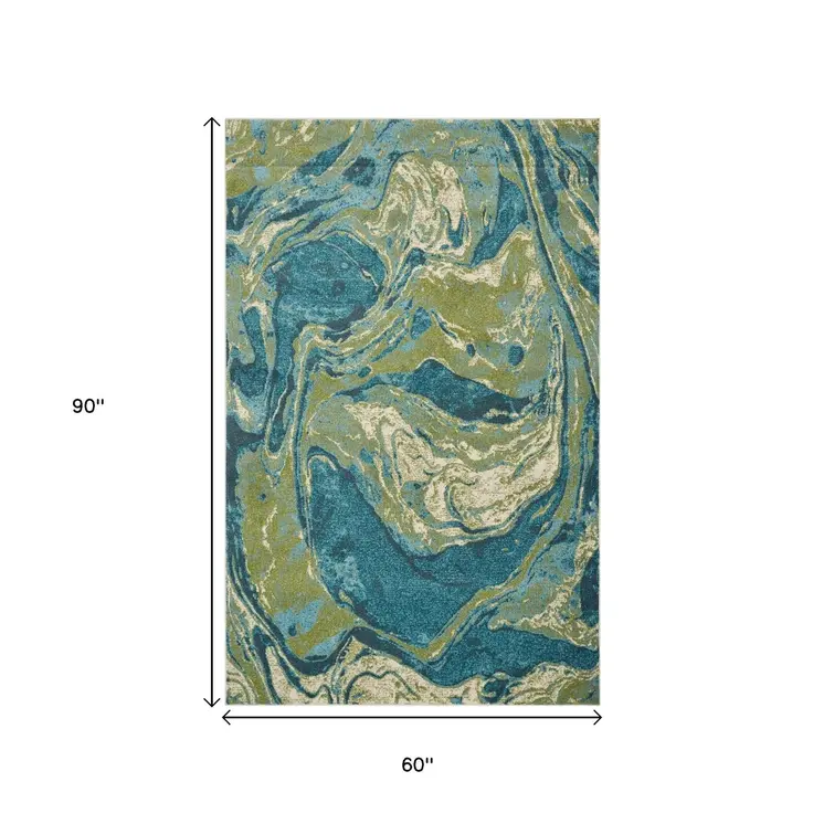 5' X 7' Teal And Beige Abstract Area Rug