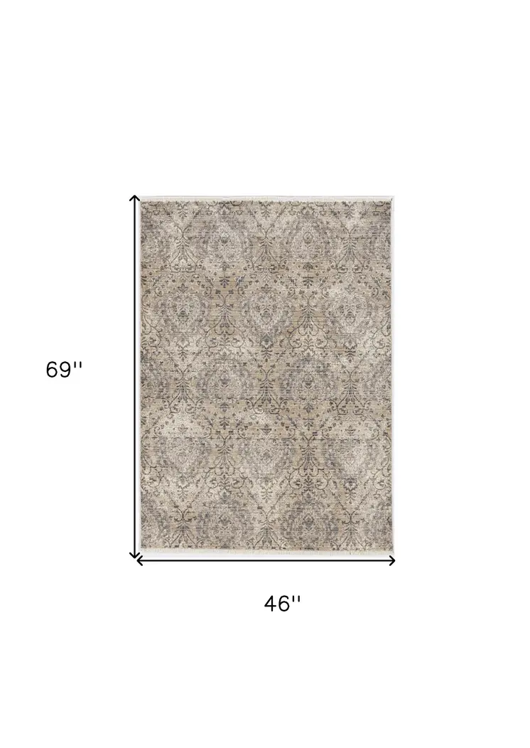 4' X 6' Sand And Gray Damask Area Rug
