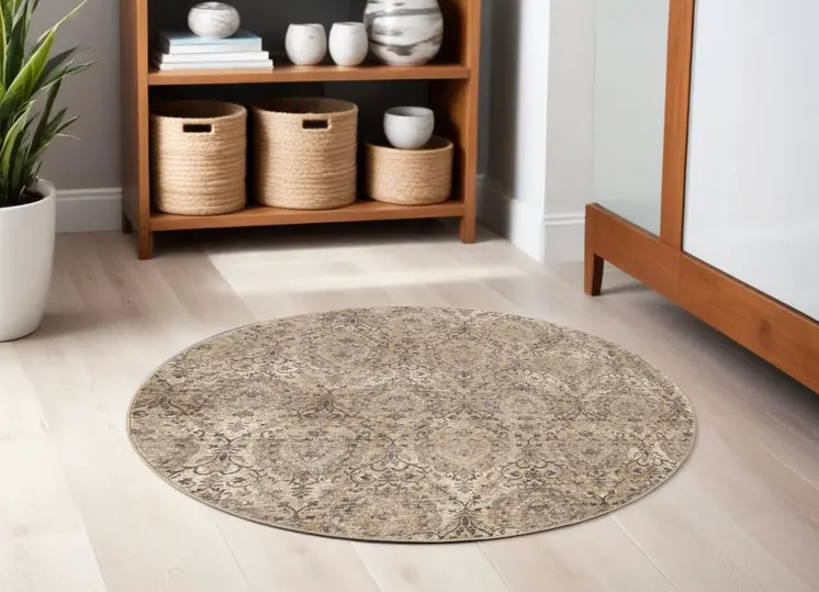 7' Gray Damask Round Rug