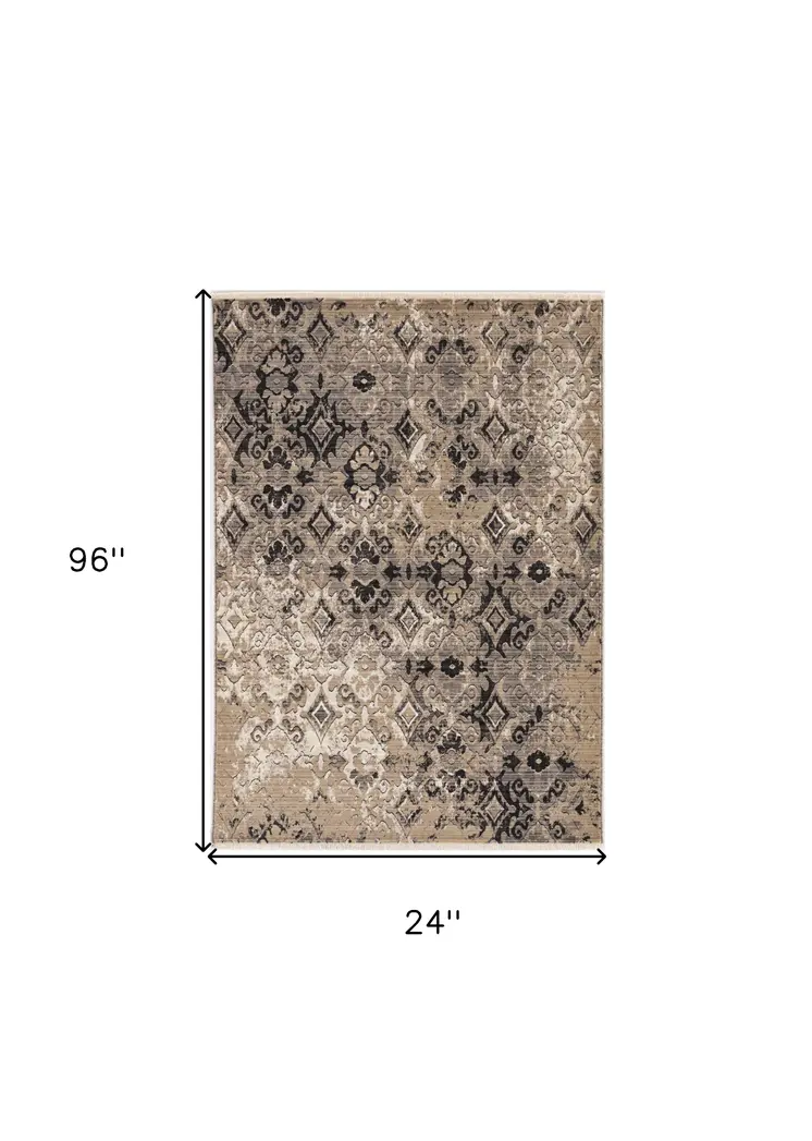8' Beige And Ivory Damask Runner Rug