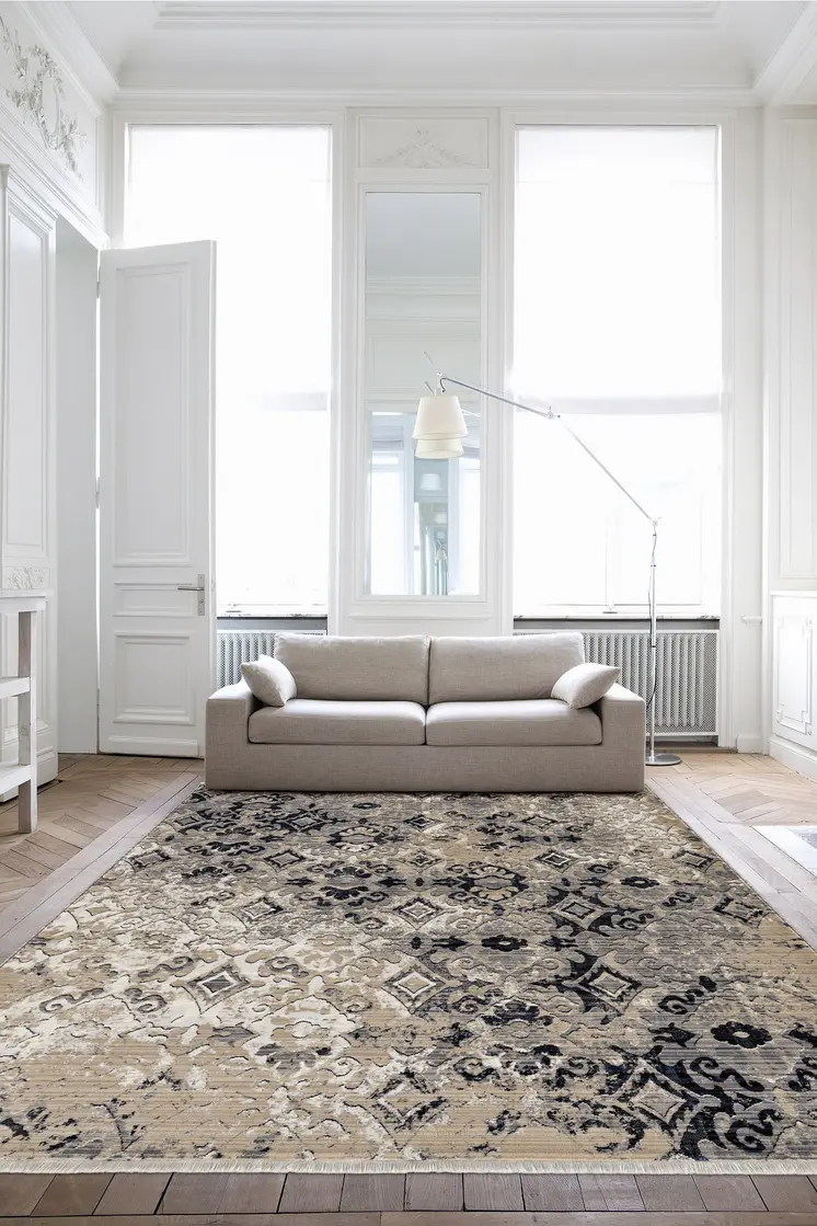 8' Beige And Ivory Damask Runner Rug