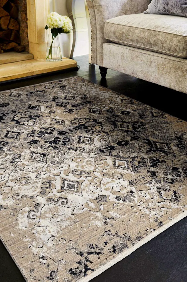 8' Beige And Ivory Damask Runner Rug