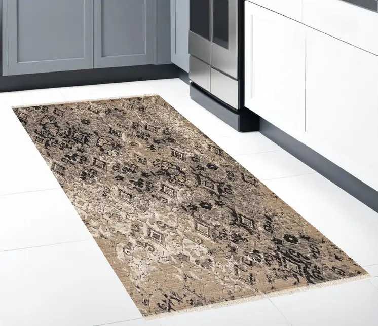 8' Beige And Ivory Damask Runner Rug
