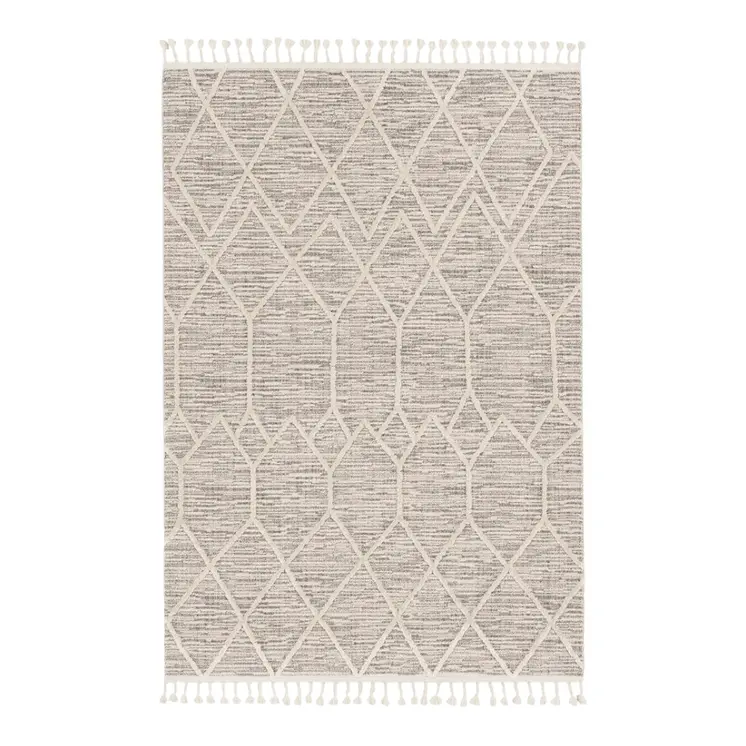 8' X 11' Ivory And Gray Geometric Area Rug With Fringe