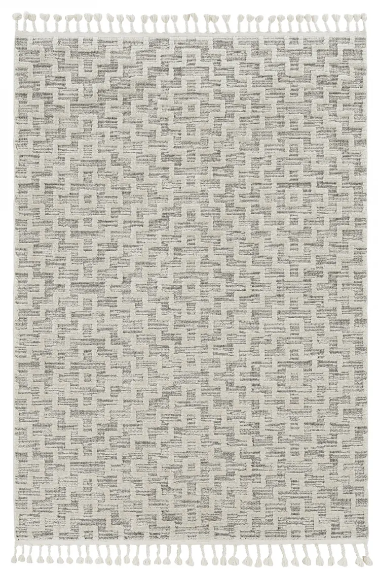 8' Ivory And Gray Geometric Runner Rug With Fringe