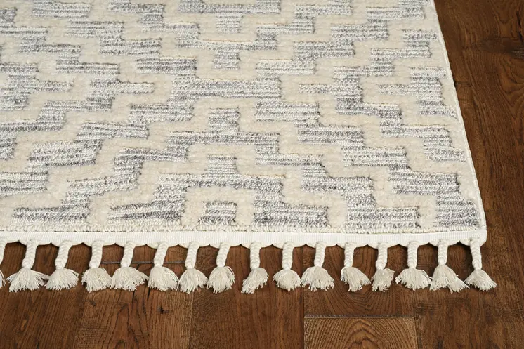 8' Ivory And Gray Geometric Runner Rug With Fringe