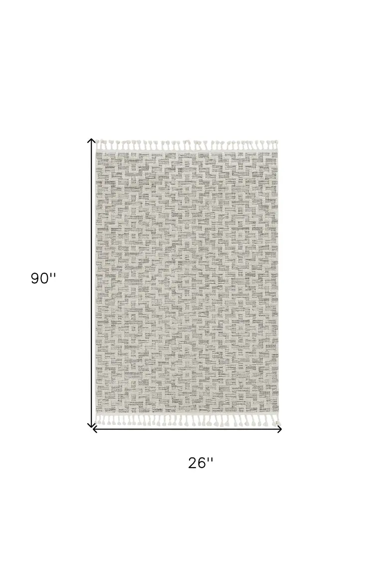 8' Ivory And Gray Geometric Runner Rug With Fringe
