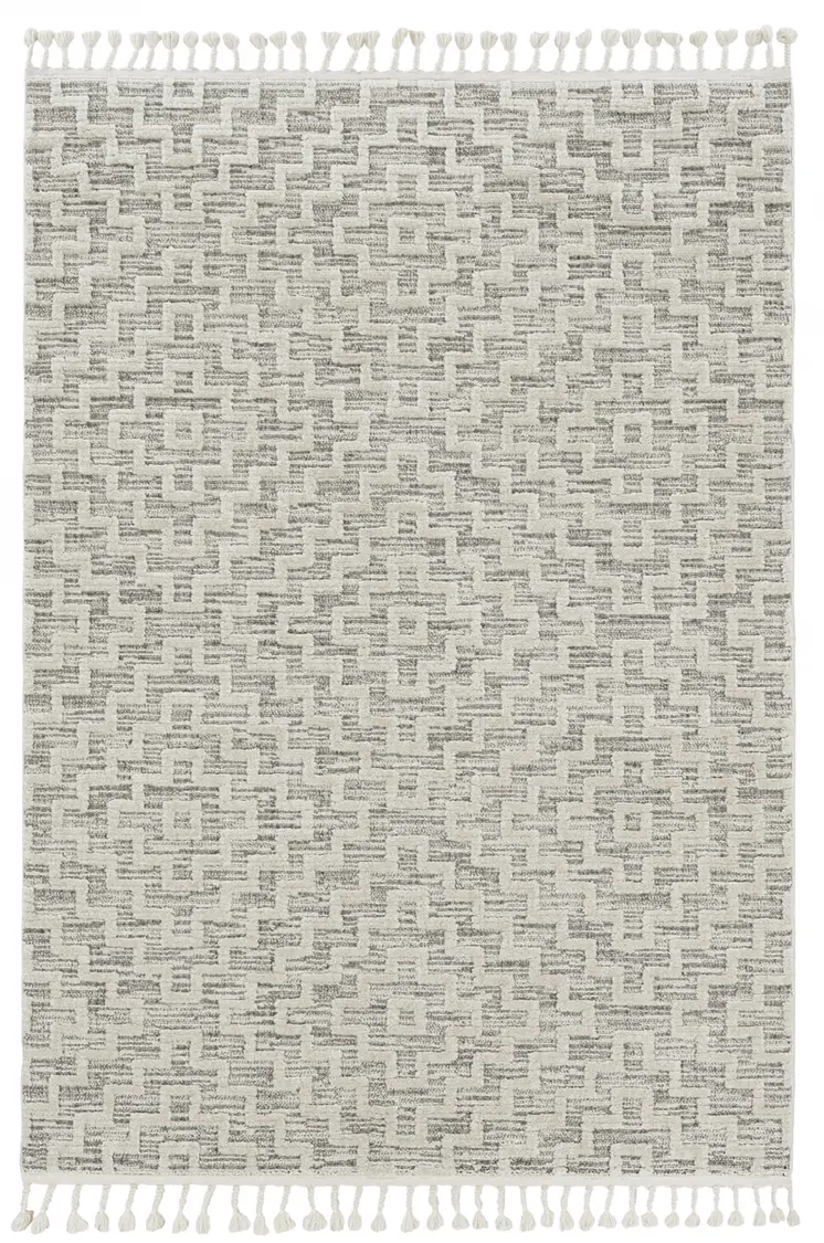 8' Ivory And Gray Geometric Runner Rug With Fringe