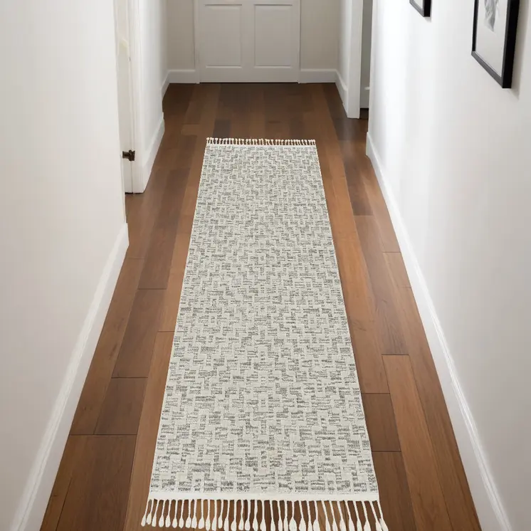 8' Ivory And Gray Geometric Runner Rug With Fringe