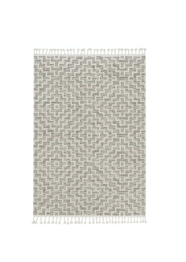 9' X 13' Gray And Ivory Geometric Area Rug With Fringe