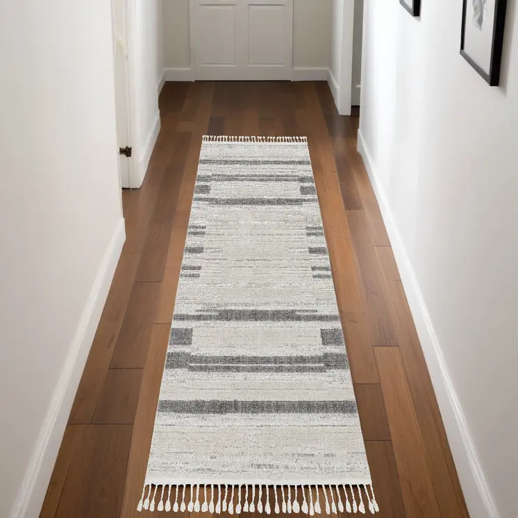 8' Gray And Ivory Abstract Runner Rug