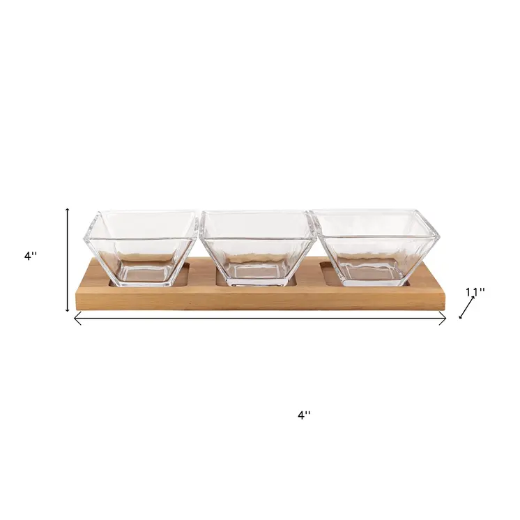 4 Mouth Blown Crystal Hostess Set   4 Pc With 3 Glass Condiment Or Dip Bowls On A Wood Tray