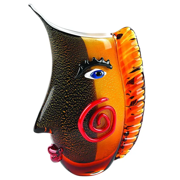 9" Black And Orange Contempo Face Murano Glass Table Vase