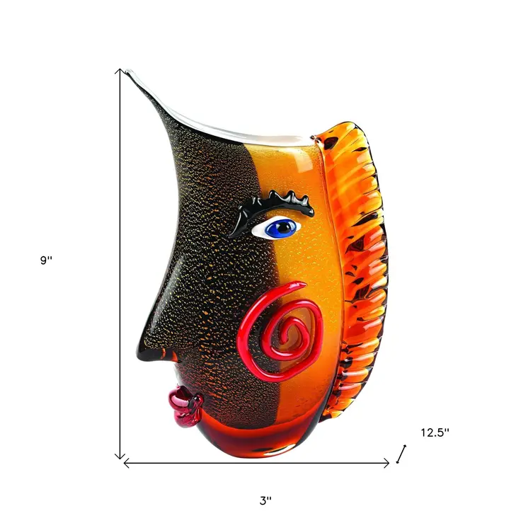 9" Black And Orange Contempo Face Murano Glass Table Vase