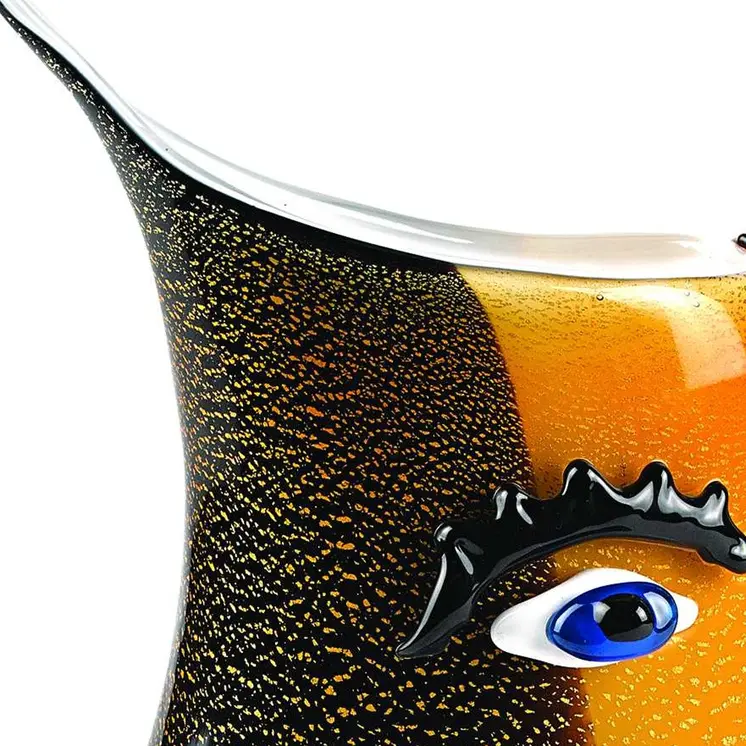 9" Black And Orange Contempo Face Murano Glass Table Vase