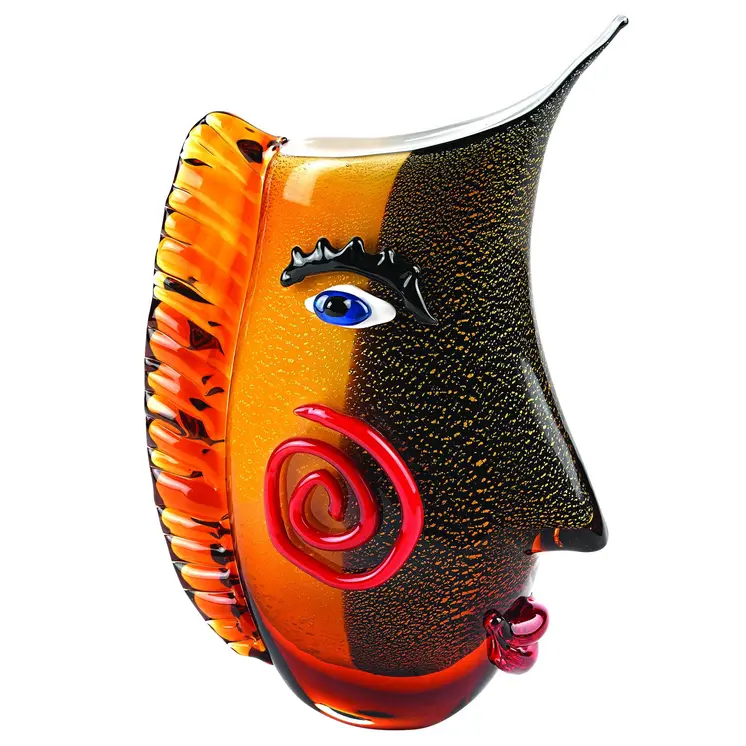 9" Black And Orange Contempo Face Murano Glass Table Vase