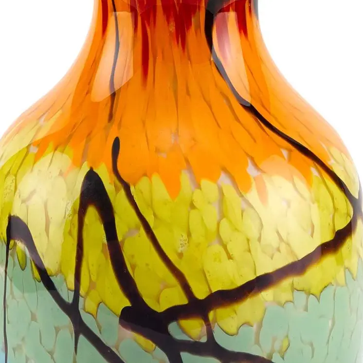 11" Black Blue Red And Yellow Abstract Urn Handblown Glass Table Vase