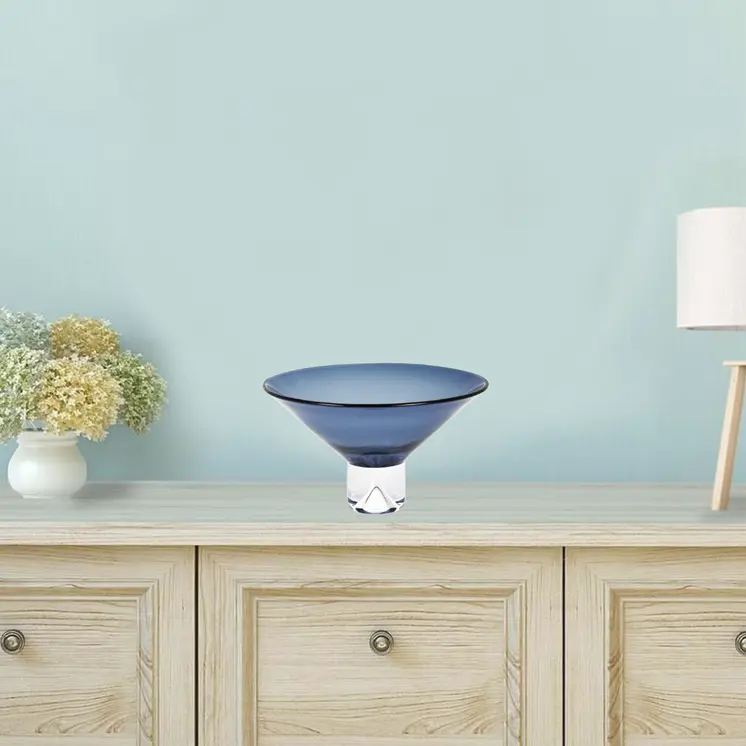 11" Blue Mouth Blown Crystal Round Pedestal Centerpiece Bowl
