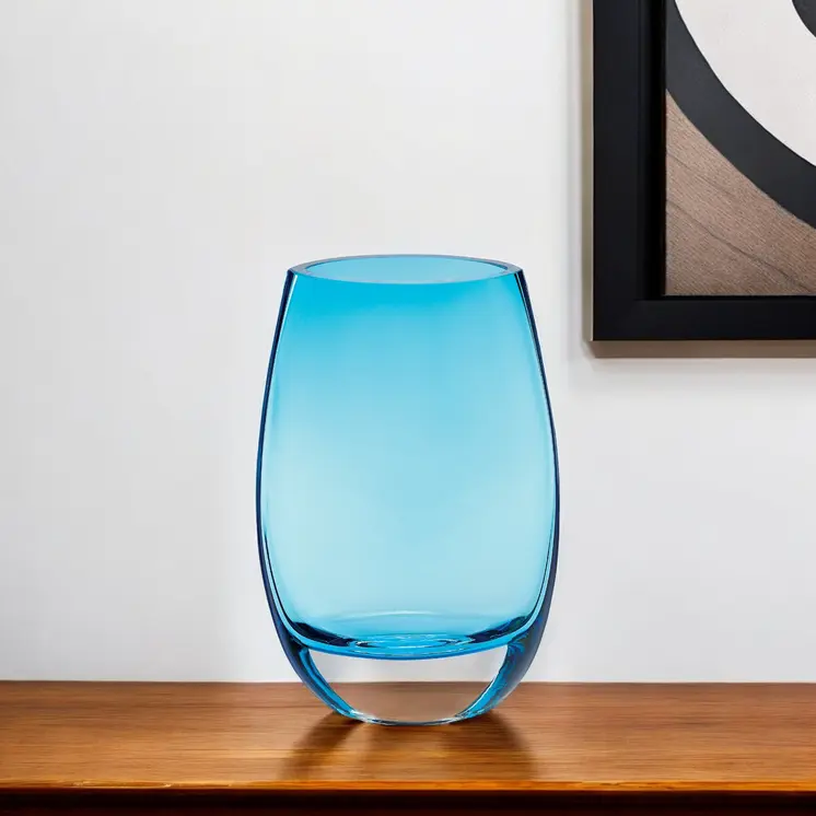 8" Aqua Blue And Clear Oval Lead Free Crystal Table Vase