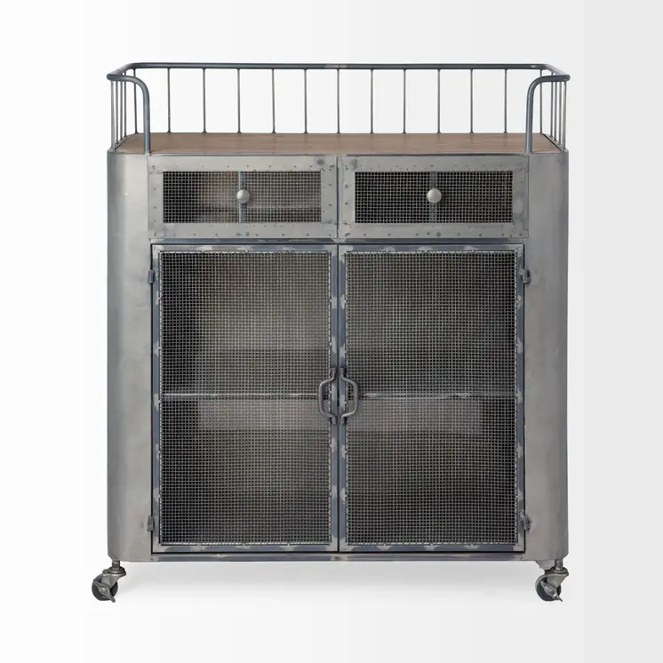 35" Gray Steel Metal And Wood Rolling Kitchen Bar Cart