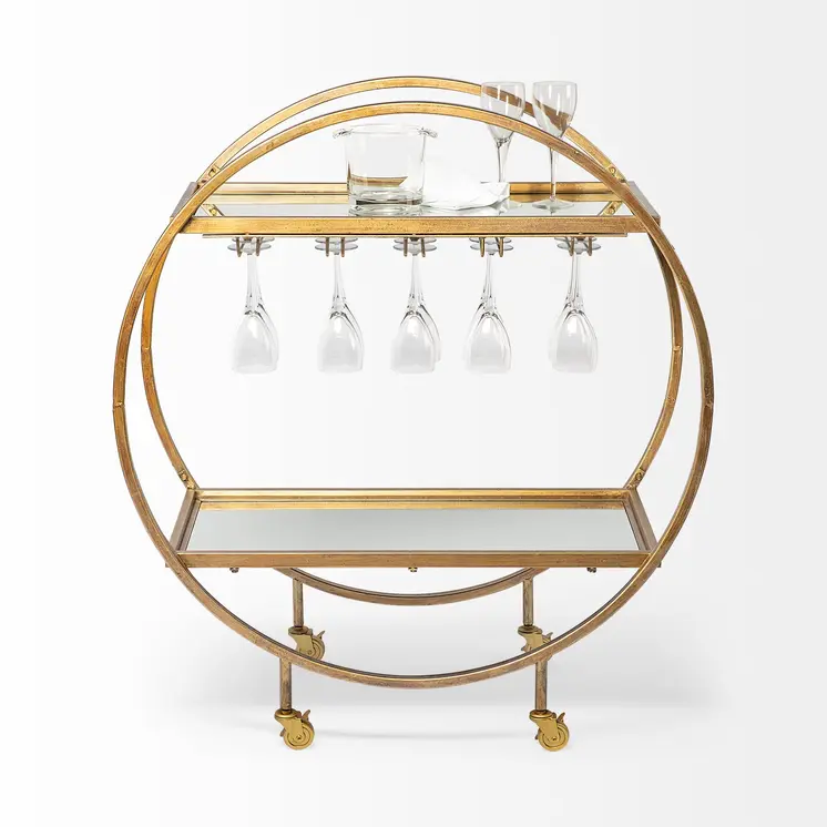 Gold 36" Round Rolling Kitchen Cart With Storage