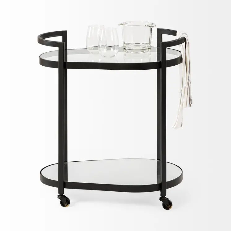 Cyclider Black Metal With Two Mirror Glass Shelves Bar Cart