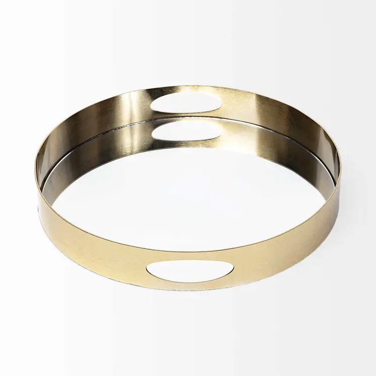 15" Gold And Mirrored Glass Round Metal Tray With Handles