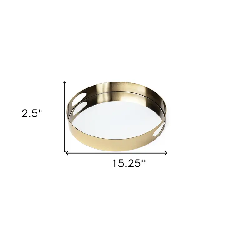 15" Gold And Mirrored Glass Round Metal Tray With Handles