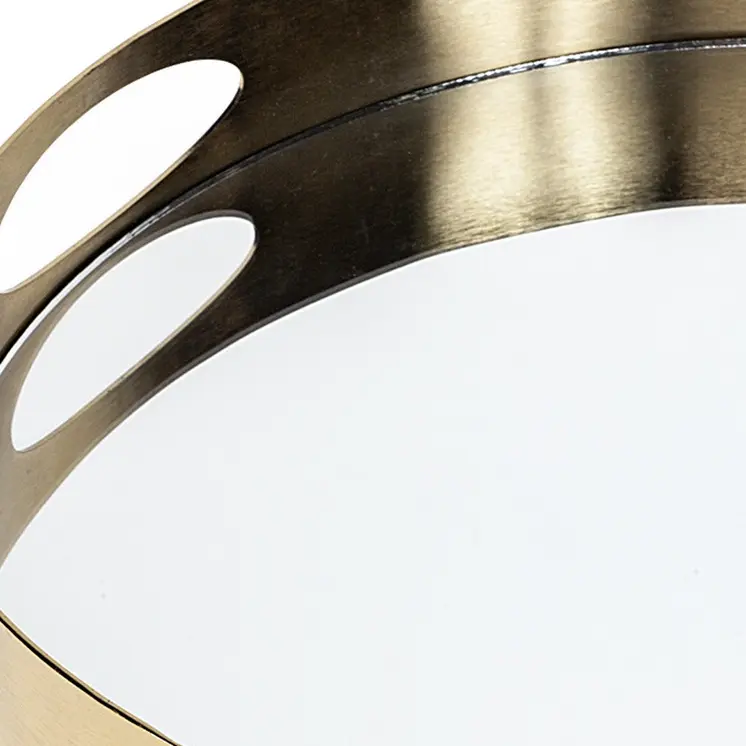 15" Gold And Mirrored Glass Round Metal Tray With Handles
