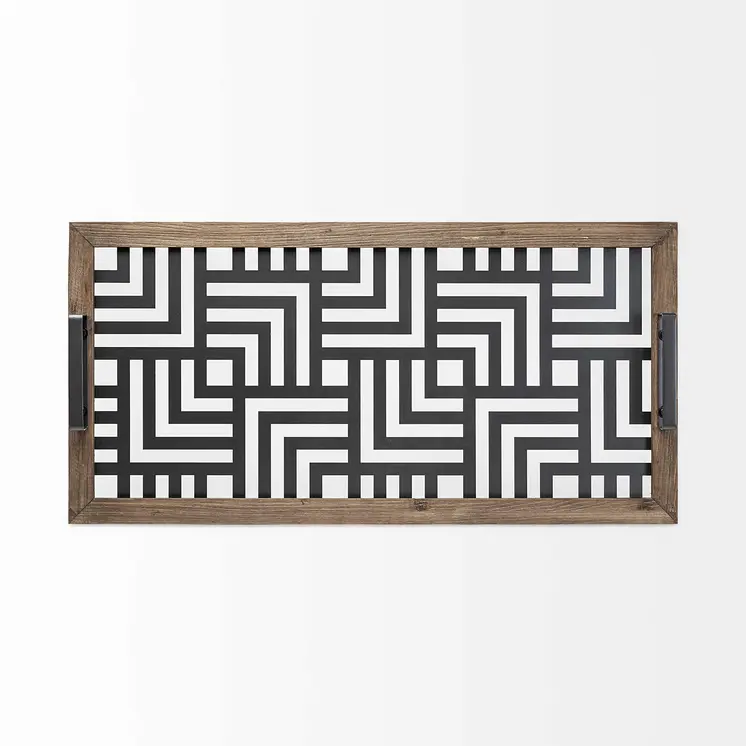 32" Brown and Black Glass Metal And Wood Geometric Serving Tray With Handles