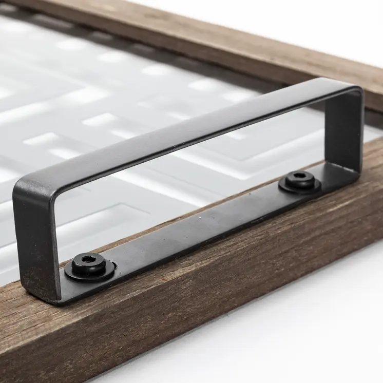 32" Brown and Black Glass Metal And Wood Geometric Serving Tray With Handles