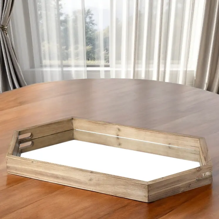19" Natural and Brown Hexagon Wood Indoor Outdoor Tray With Handles